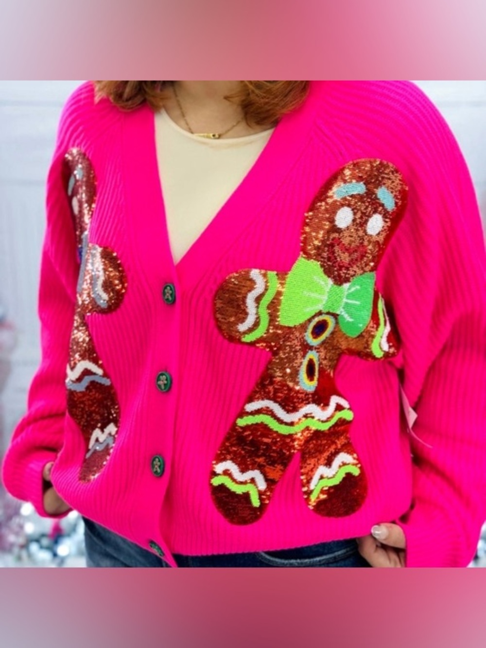 Queen of Sparkles Hot Pink Sequin Gingerbread Men Christmas Cardigan Sweater L